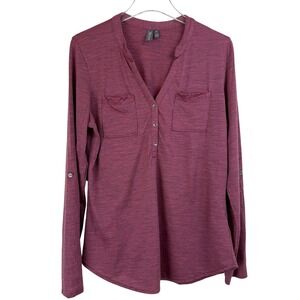 IBEX SHANTI 100% Merino Wool Henley Top Women Large Roll Tab Sleeve Long Sleeve